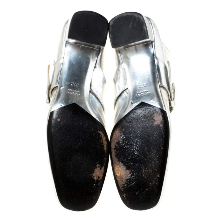 Pre Owned Gucci Metallic Silver Leather Buckle Detail Ankle Boots Size 37