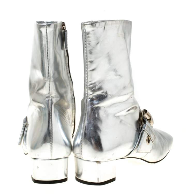 Pre Owned Gucci Metallic Silver Leather Buckle Detail Ankle Boots Size 37