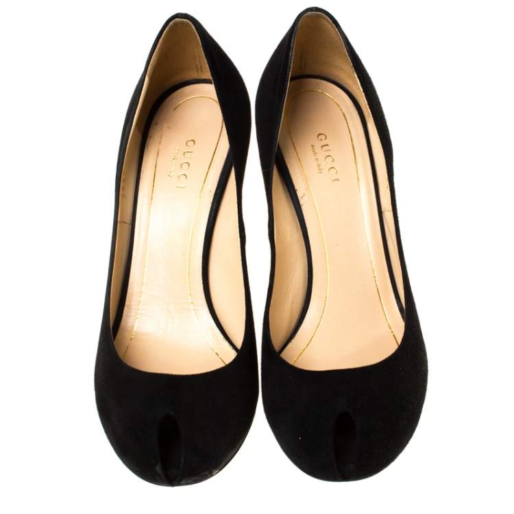 Pre Owned Gucci Black Suede Peep Toe Pumps Size 38.5