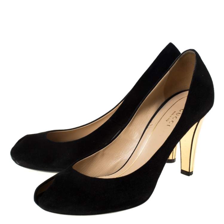 Pre Owned Gucci Black Suede Peep Toe Pumps Size 38.5