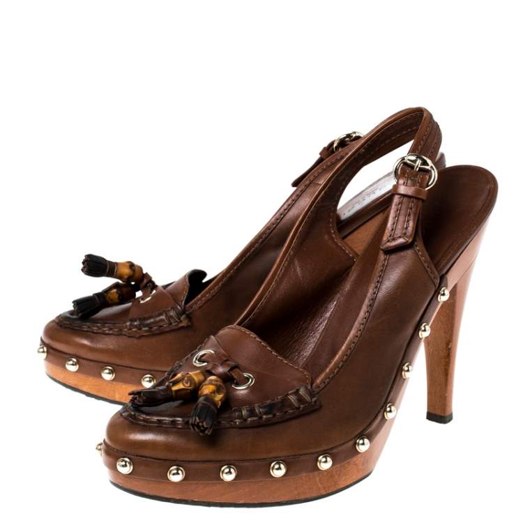 Pre Owned Gucci Brown Leather Tassel Loafer Slingback Clogs Size 38.5