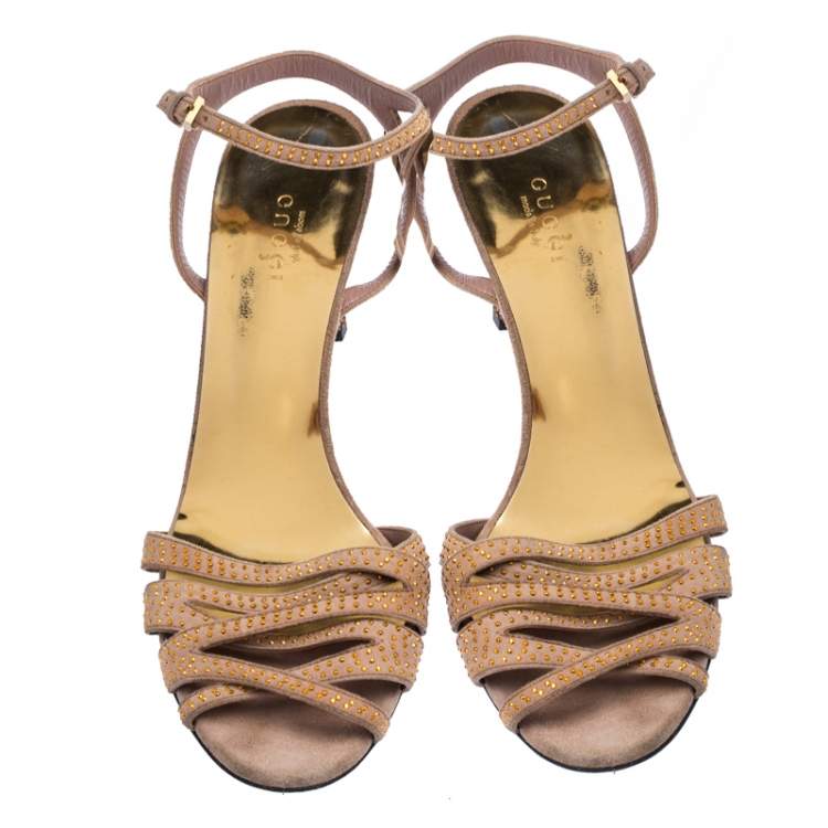 Pre Owned Gucci Beige Suede Fleur Studded Ankle Strap Sandals Size 37.5