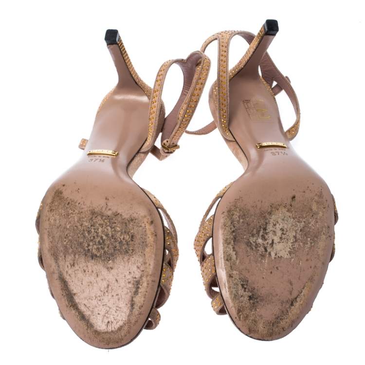 Pre Owned Gucci Beige Suede Fleur Studded Ankle Strap Sandals Size 37.5