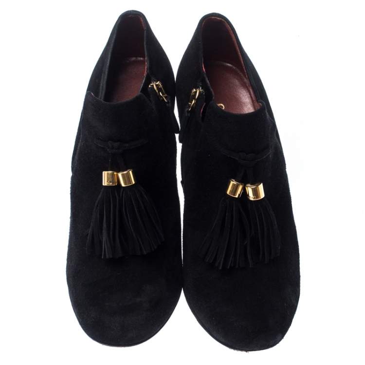Pre Owned Gucci Black Suede Leather Tassel Booties Size 36.5