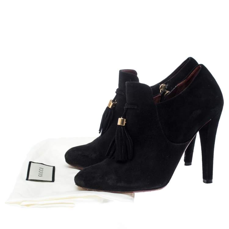 Pre Owned Gucci Black Suede Leather Tassel Booties Size 36.5