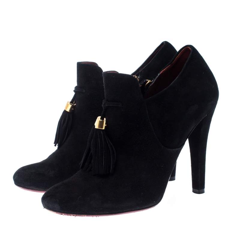 Pre Owned Gucci Black Suede Leather Tassel Booties Size 36.5