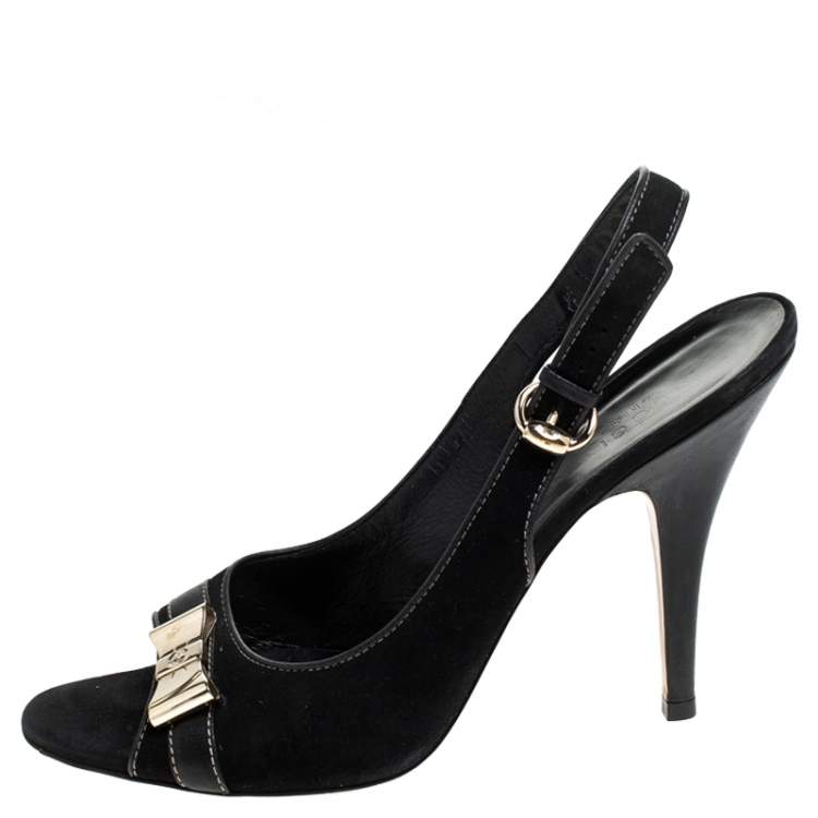 Pre Owned Gucci Black Suede And Leather Gold Bow Embellished Slingback Sandals Size 40.5