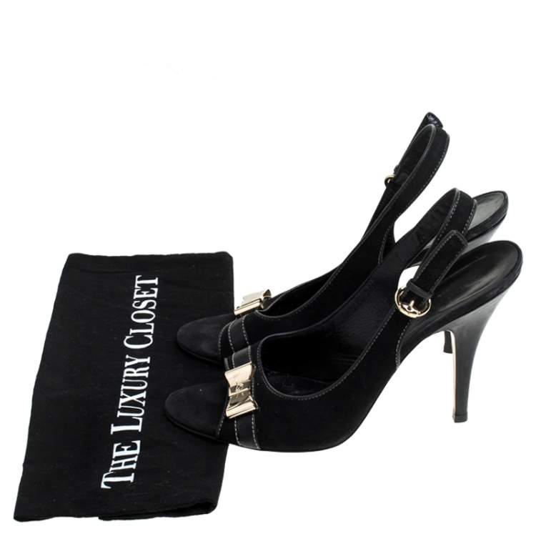 Pre Owned Gucci Black Suede And Leather Gold Bow Embellished Slingback Sandals Size 40.5