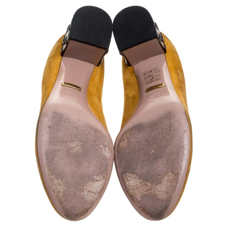 Pre Owned Gucci Yellow Suede Dahlia Bamboo Heel Pumps Size 36.5