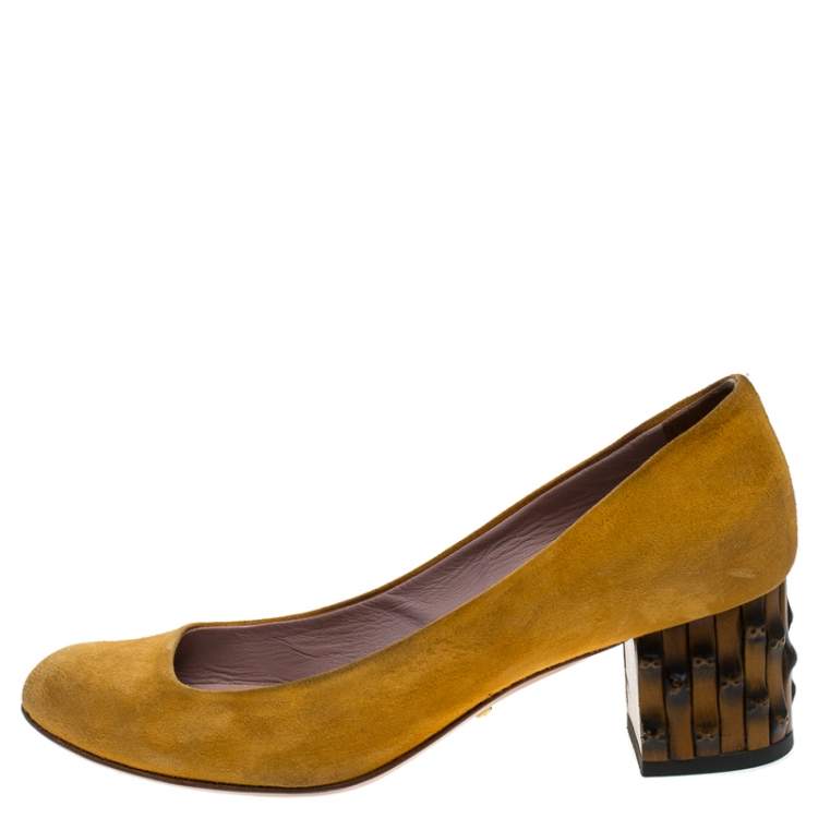 Pre Owned Gucci Yellow Suede Dahlia Bamboo Heel Pumps Size 36.5
