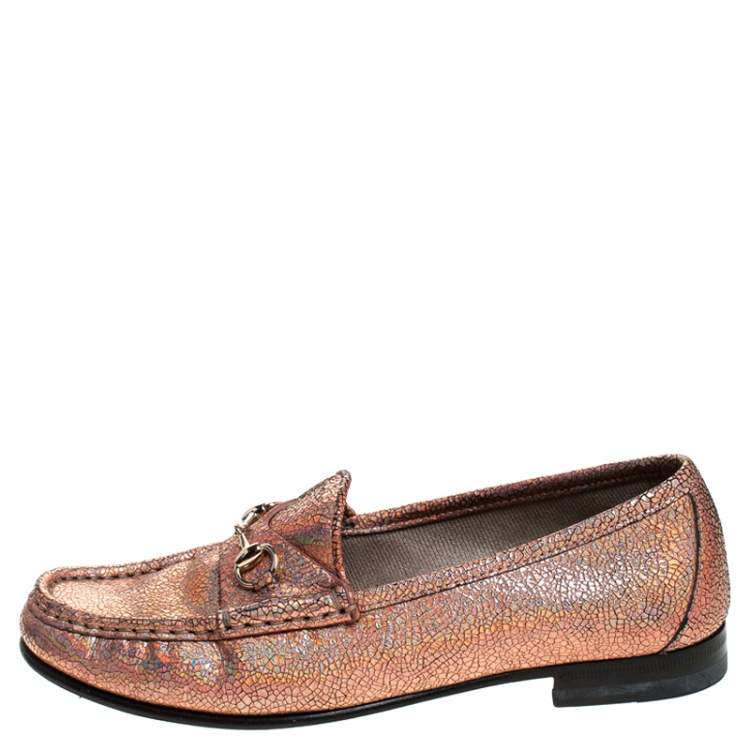 مملوكة مسبقًا Gucci Metallic Bronze Textured Leather Horsebit Slip On Loafers Size 36.5