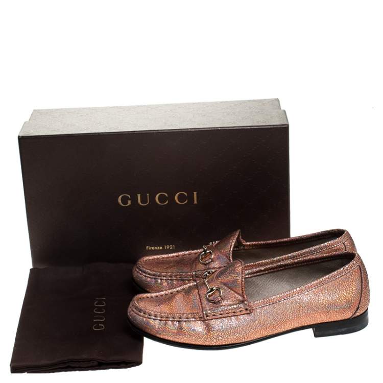 مملوكة مسبقًا Gucci Metallic Bronze Textured Leather Horsebit Slip On Loafers Size 36.5