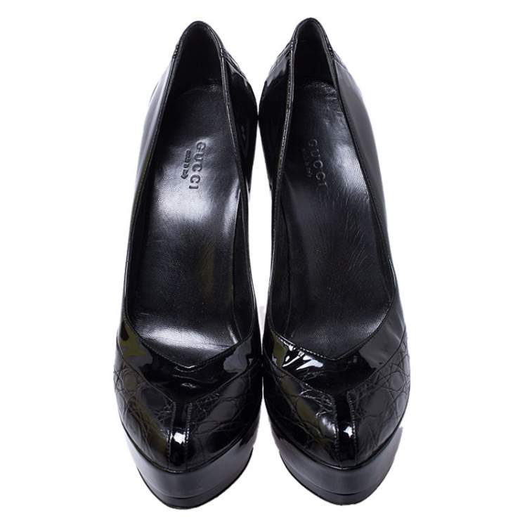 Pre Owned Gucci Black Patent Leather and Alligator Platform Pumps Size 38.5
