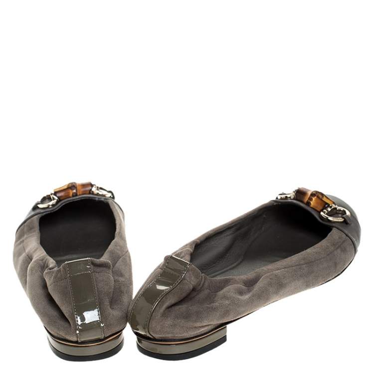 Pre Owned Gucci Grey Suede, Patent And Leather Bamboo Horsebit Ballet Flats Size 36.5