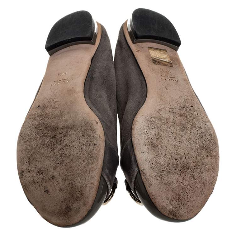 Pre Owned Gucci Grey Suede, Patent And Leather Bamboo Horsebit Ballet Flats Size 36.5