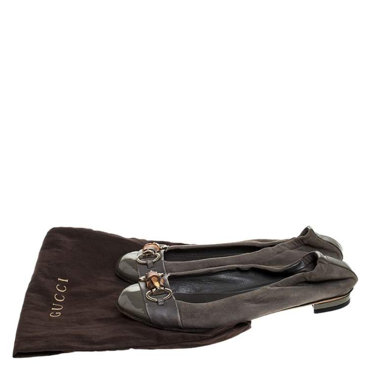 Pre Owned Gucci Grey Suede, Patent And Leather Bamboo Horsebit Ballet Flats Size 36.5