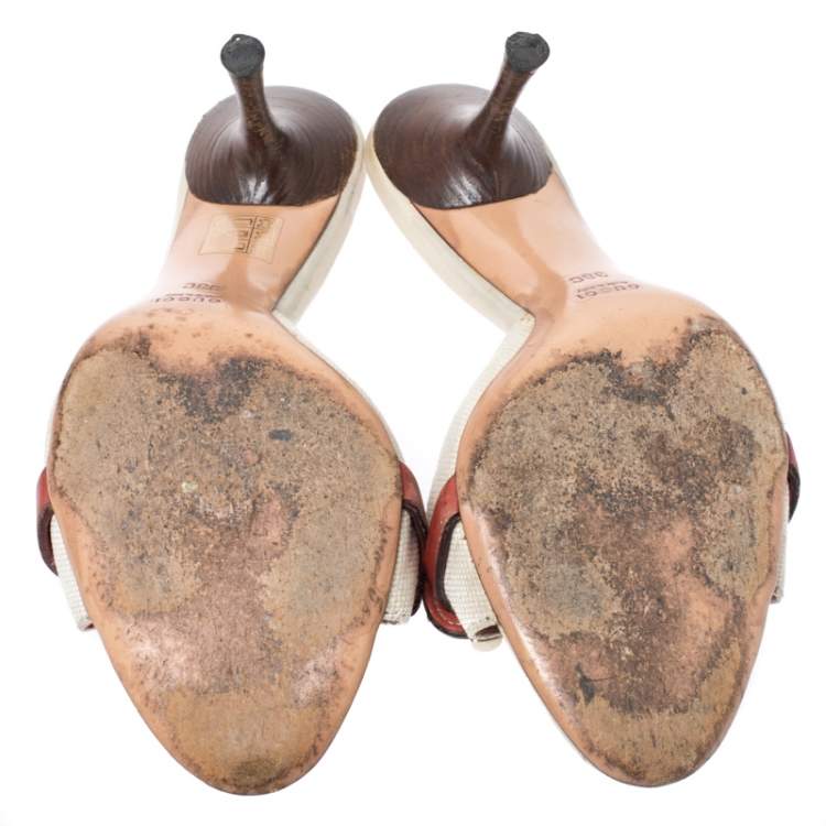 Pre Owned Gucci Beige/Red Canvas and Leather Open Toe Slide Sandals Size 38