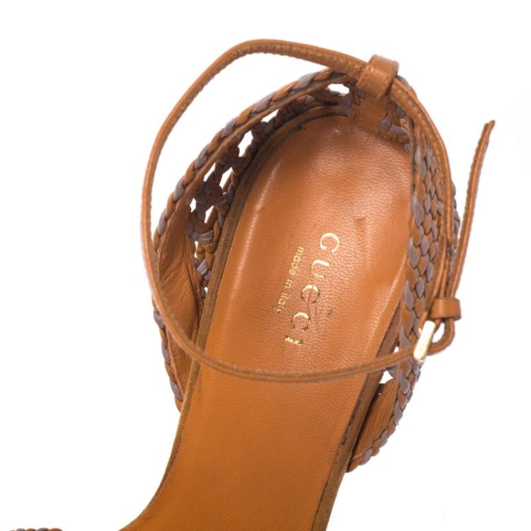 Pre Owned Gucci Two Tone Woven Leather Kyligh Ankle Strap Platform Sandals Size 37