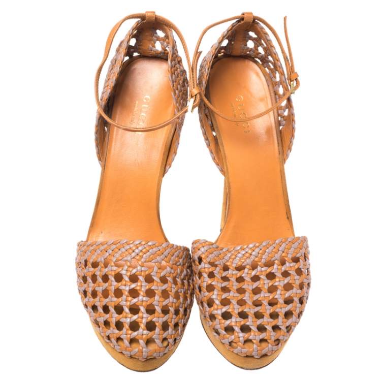 Pre Owned Gucci Two Tone Woven Leather Kyligh Ankle Strap Platform Sandals Size 37
