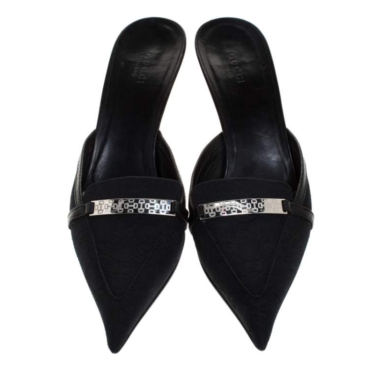 Pre Owned Gucci Black GG Canvas Pointed Toe Mules Size 39.5