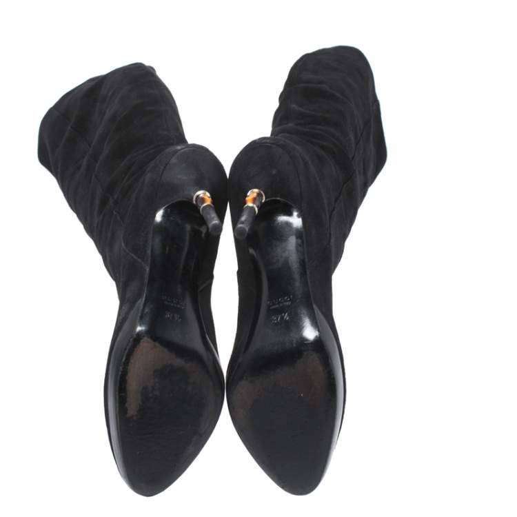 Pre Owned Gucci Black Suede & Bamboo Bit Heel Knee High Boots Size 37.5