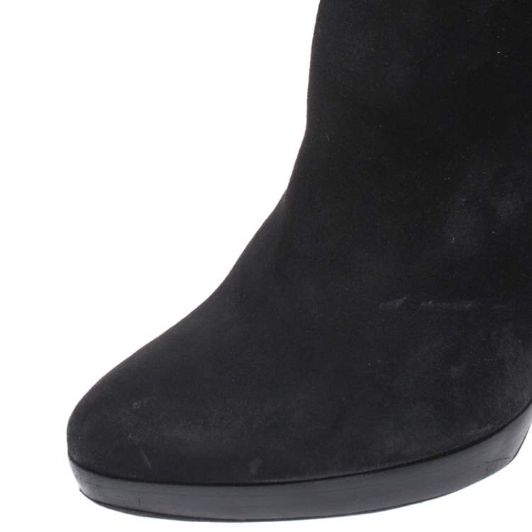 Pre Owned Gucci Black Suede & Bamboo Bit Heel Knee High Boots Size 37.5