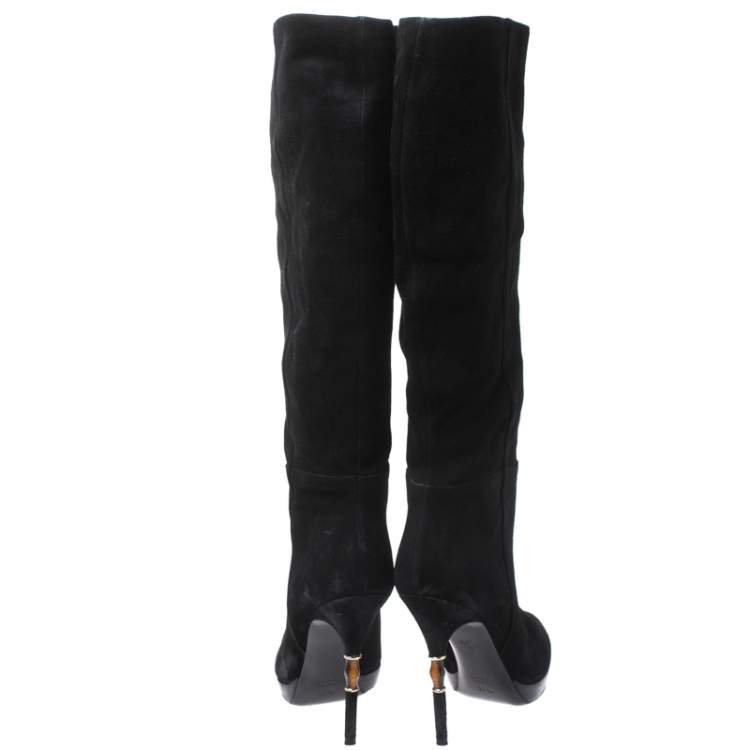 Pre Owned Gucci Black Suede & Bamboo Bit Heel Knee High Boots Size 37.5