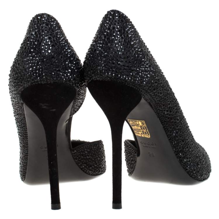 Pre Owned Gucci Black Crystal Embellished Satin and Suede Noah D'Orsay Pumps Size 39