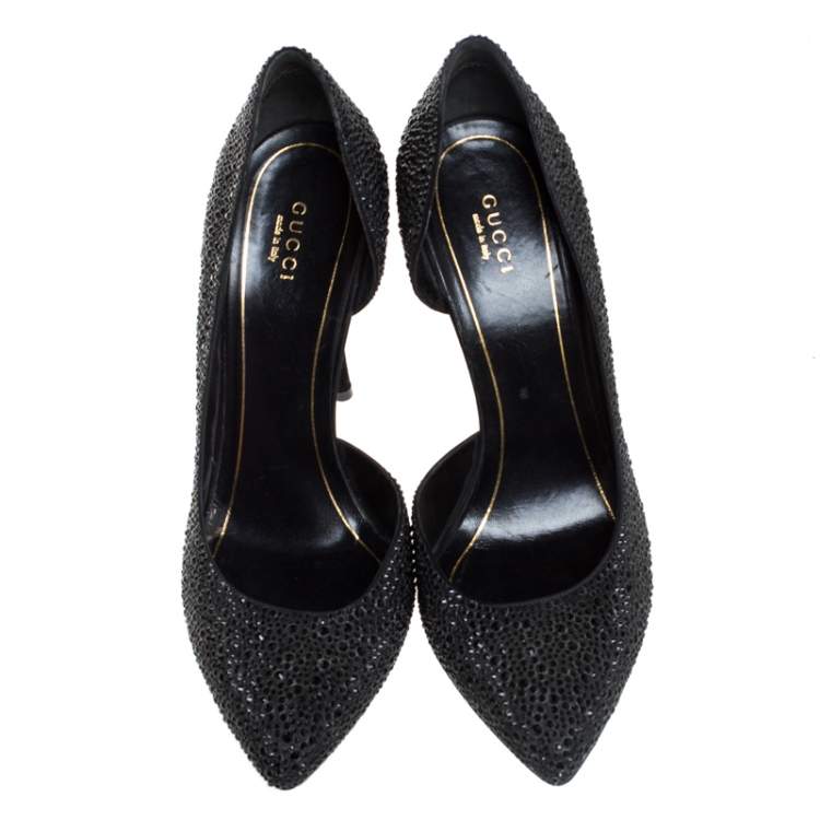 Pre Owned Gucci Black Crystal Embellished Satin and Suede Noah D'Orsay Pumps Size 39