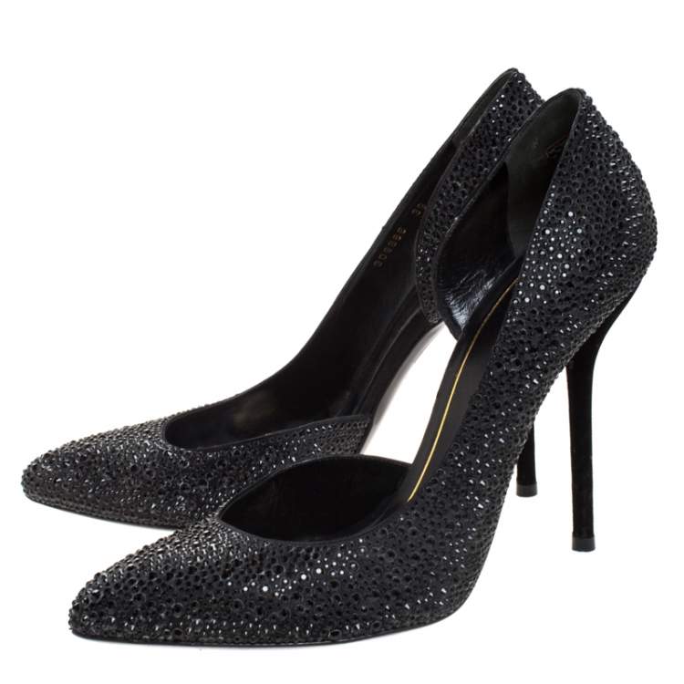Pre Owned Gucci Black Crystal Embellished Satin and Suede Noah D'Orsay Pumps Size 39