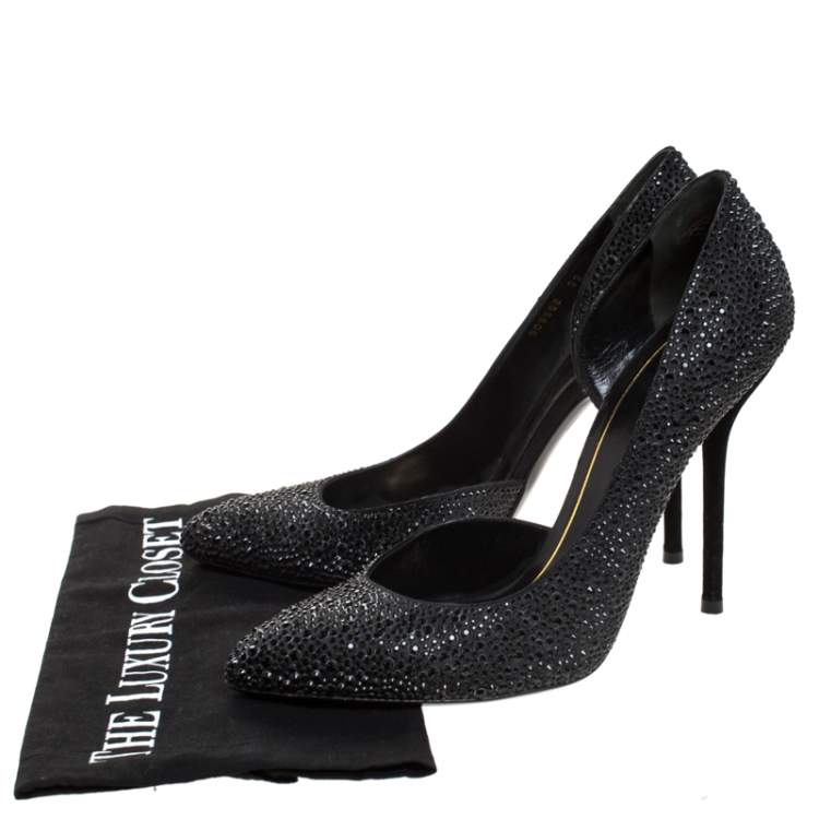Pre Owned Gucci Black Crystal Embellished Satin and Suede Noah D'Orsay Pumps Size 39