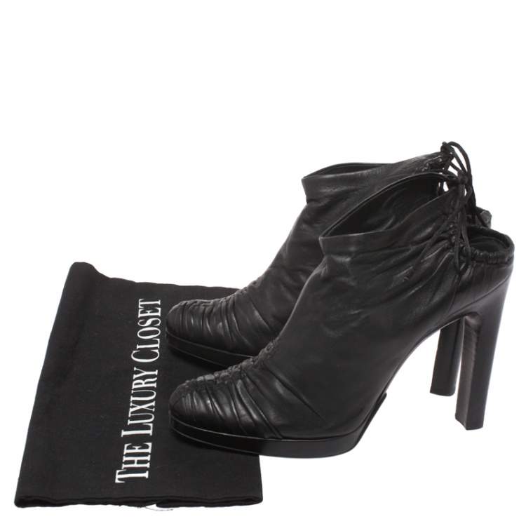 Pre Owned Gucci Black Pleated Leather Ankle Wrap Booties Size 37.5