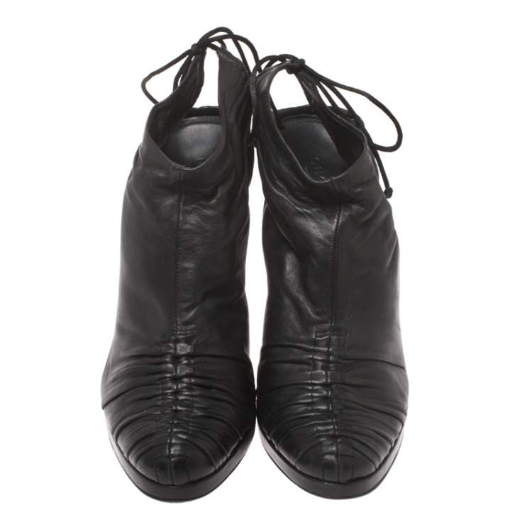Pre Owned Gucci Black Pleated Leather Ankle Wrap Booties Size 37.5