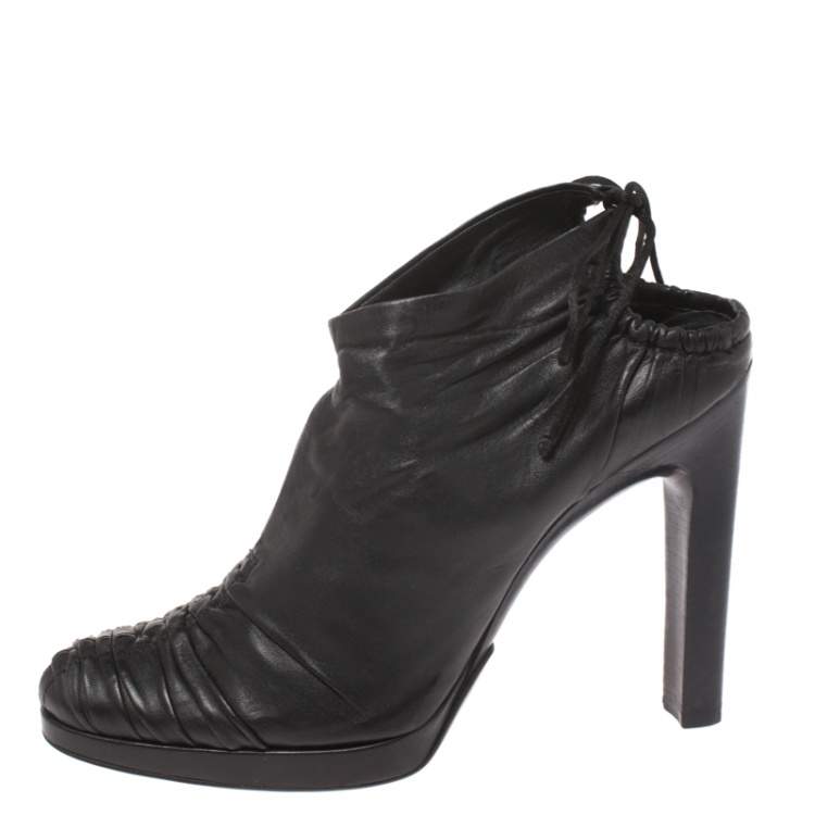 Pre Owned Gucci Black Pleated Leather Ankle Wrap Booties Size 37.5