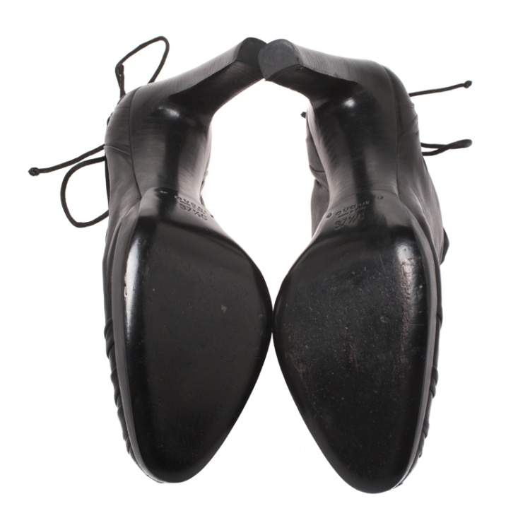 Pre Owned Gucci Black Pleated Leather Ankle Wrap Booties Size 37.5