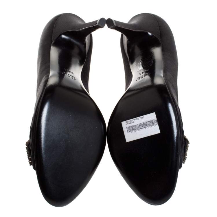 Pre Owned Gucci Black Satin Crystal Bow Embellished Peep Toe Pumps Size 39.5