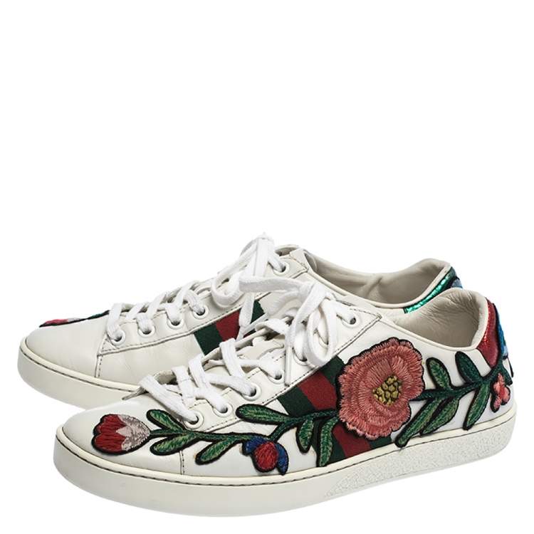 Gucci White Floral Embroidered Leather 