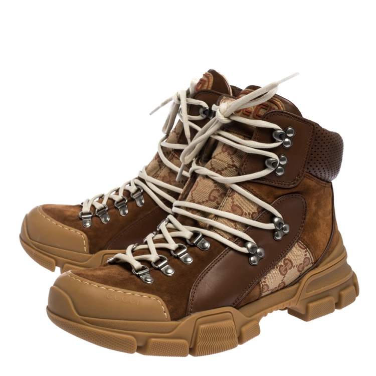 Pre Owned Gucci Brown GG Canvas, Leather and Suede Journey Hiker Boots Size 41.5