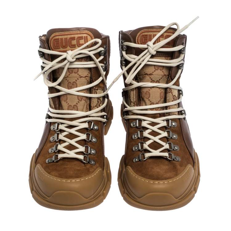 Pre Owned Gucci Brown GG Canvas, Leather and Suede Journey Hiker Boots Size 41.5