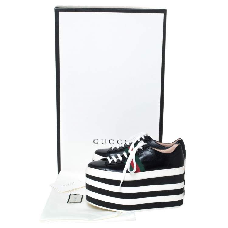 Pre Owned Gucci Black Leather Peggy Web Detail Platform Sneakers Size 38