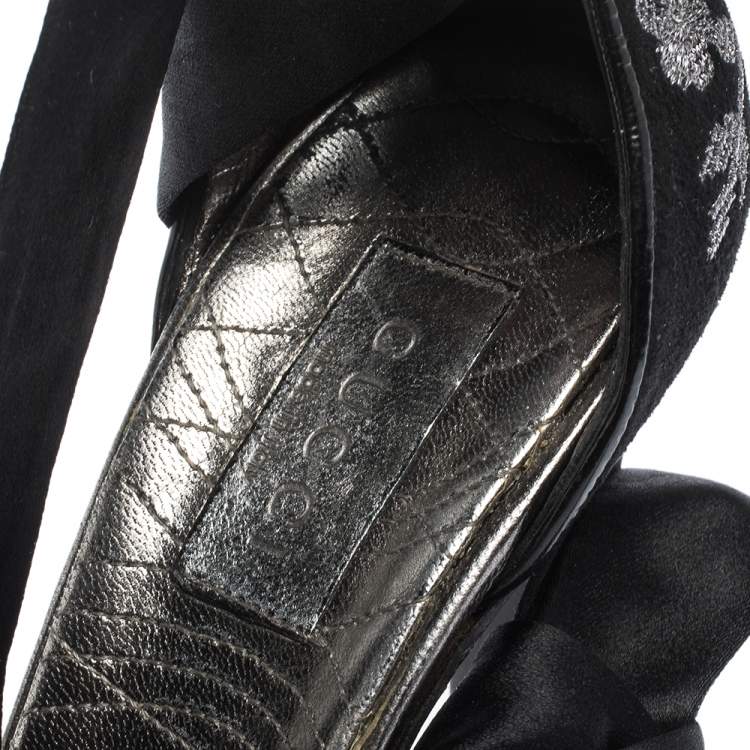 Pre Owned Gucci Black Embroidered Suede and Satin Open Toe Ankle Wrap Sandals Size 39