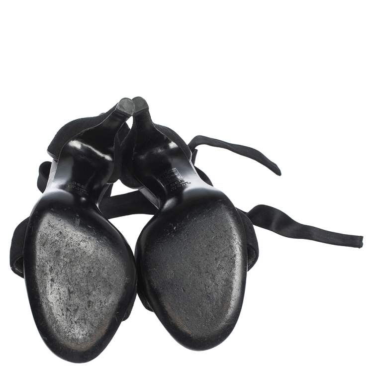Pre Owned Gucci Black Embroidered Suede and Satin Open Toe Ankle Wrap Sandals Size 39