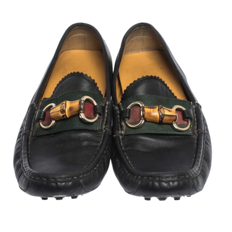 Pre Owned Gucci Black Leather Bamboo Horsebit Loafer Size 37.5