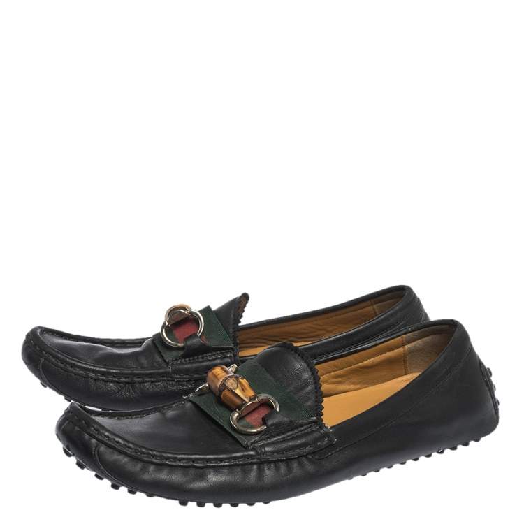 Pre Owned Gucci Black Leather Bamboo Horsebit Loafer Size 37.5