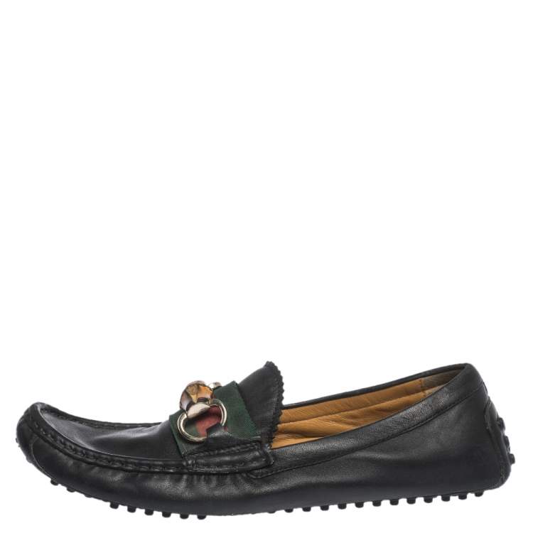 Pre Owned Gucci Black Leather Bamboo Horsebit Loafer Size 37.5