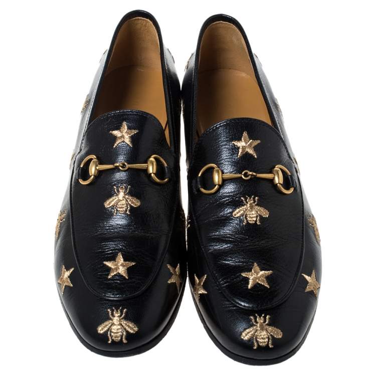 Pre Owned Gucci Black Leather Jordaan Embroidered Bee Horsebit Slip On Loafers Size 39