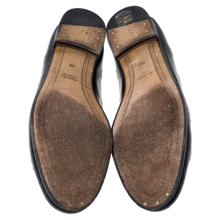 Pre Owned Gucci Black Leather Jordaan Embroidered Bee Horsebit Slip On Loafers Size 39