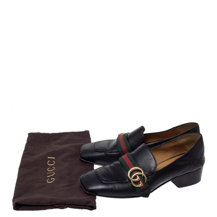Pre Owned Gucci Black Leather GG Marmont Web Slip On Loafers Size 38.5