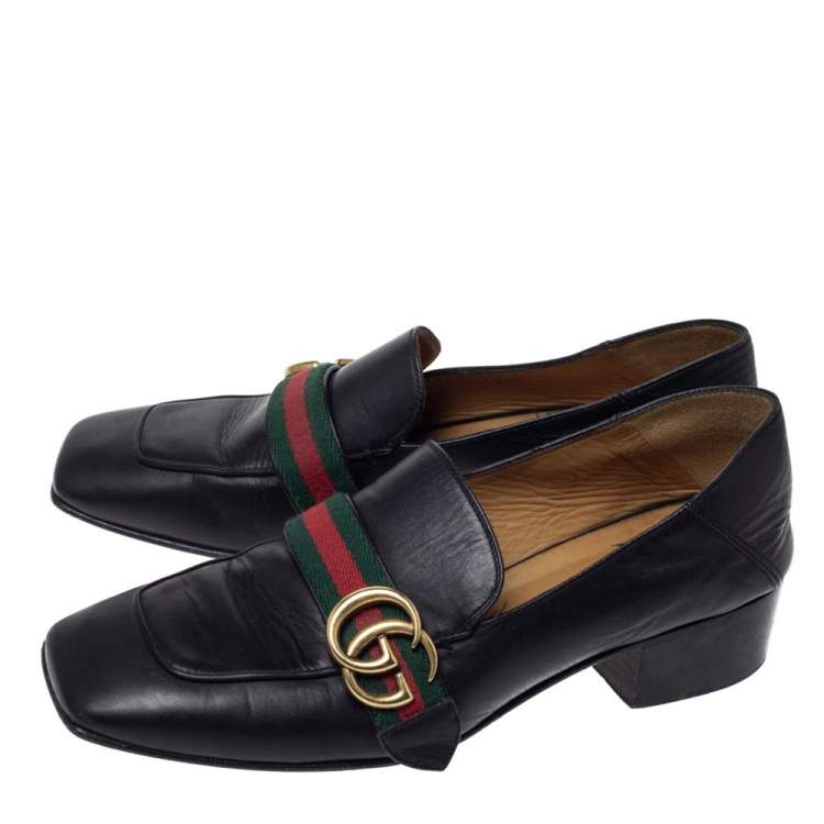 Pre Owned Gucci Black Leather GG Marmont Web Slip On Loafers Size 38.5
