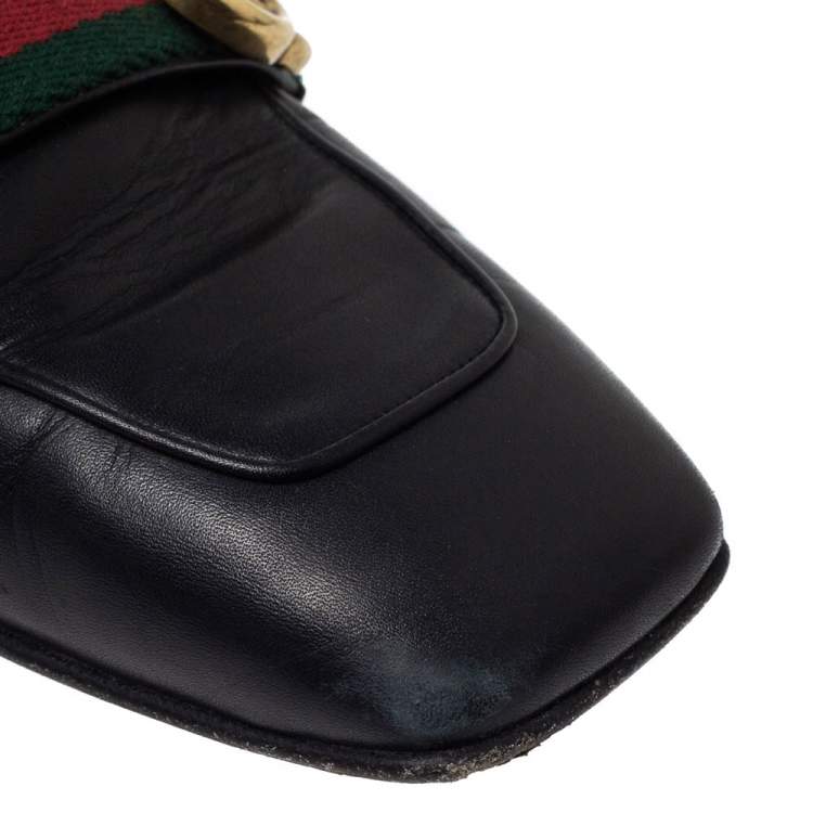 Pre Owned Gucci Black Leather GG Marmont Web Slip On Loafers Size 38.5
